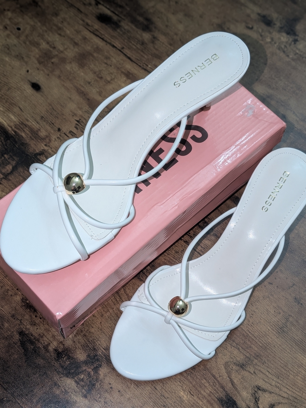 Berness White Strappy Kitten Heels with Gold Accent